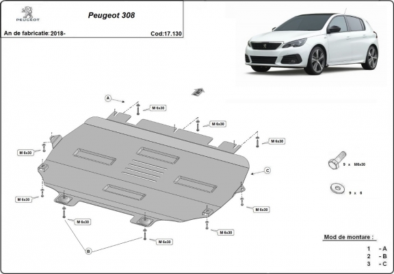 Steel sump guard for Peugeot 308