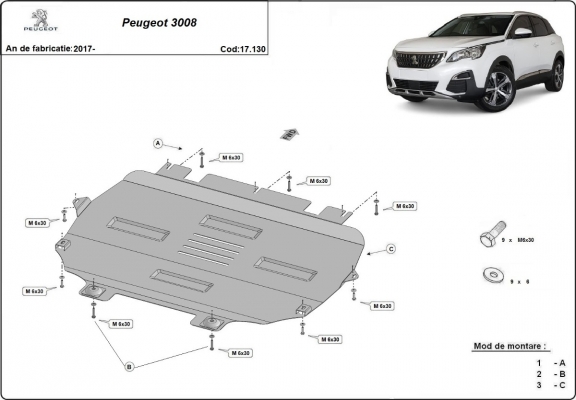 Steel sump guard for the protection of the engine and the gearbox for Peugeot 3008