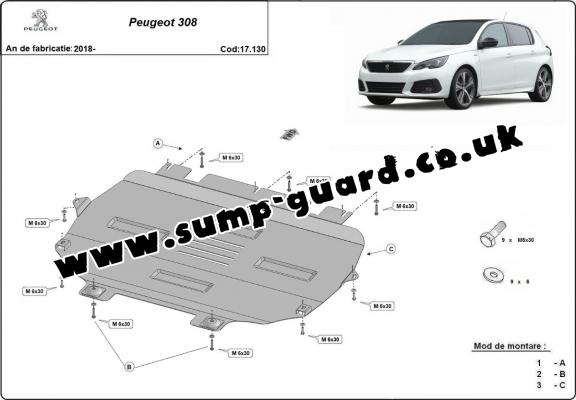 Steel sump guard for Peugeot 308