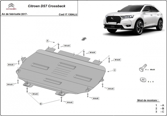 Aluminium  sump guard for Citroen DS7 Crossback