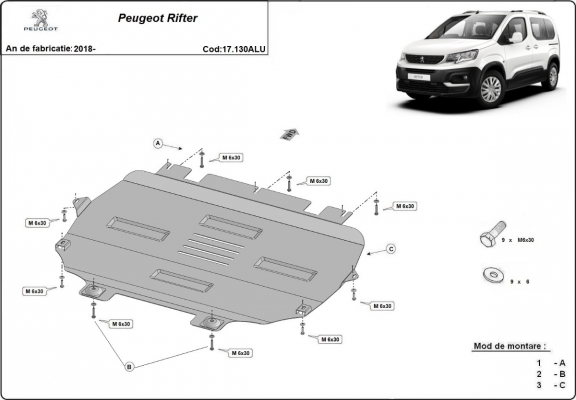 Aluminium  sump guard for Peugeot Rifter