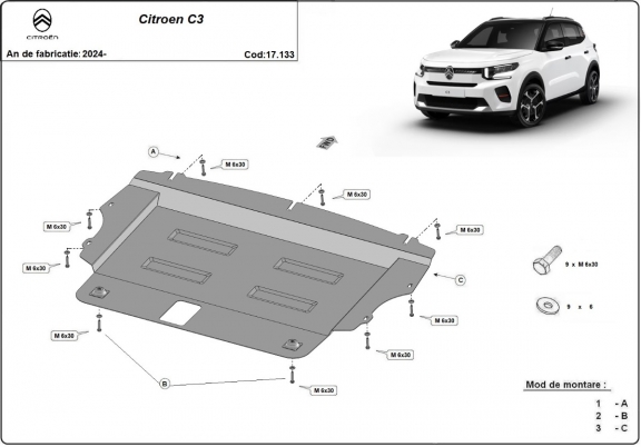 Steel sump guard for Citroen C3