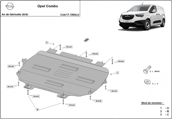 Aluminium sump guard for Vauxhall Combo E