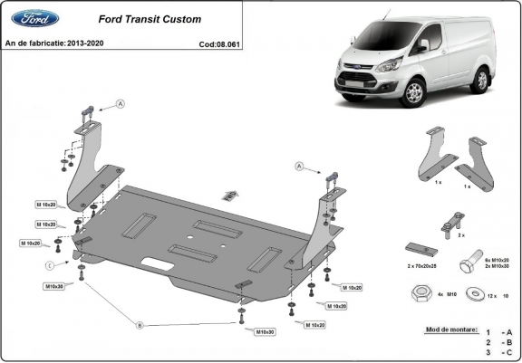 Steel sump guard for the protection of the engine and the gearbox for Ford Transit Custom