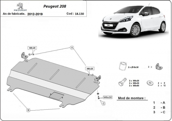 Steel sump guard for Peugeot 208
