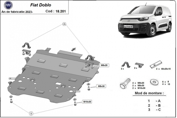 Steel sump guard for the protection of the engine and the gearbox for Fiat Doblo