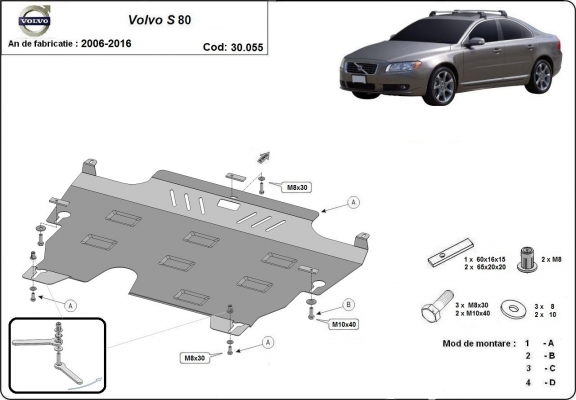 Steel sump guard for the protection of the engine and the gearbox for Volvo S80
