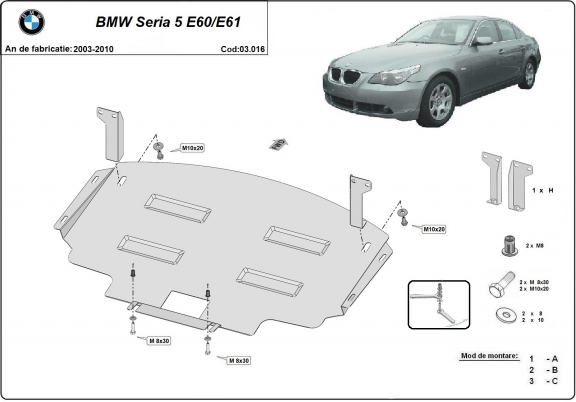 Steel sump guard for BMW Seria 5 E60/E61 standard front bumper