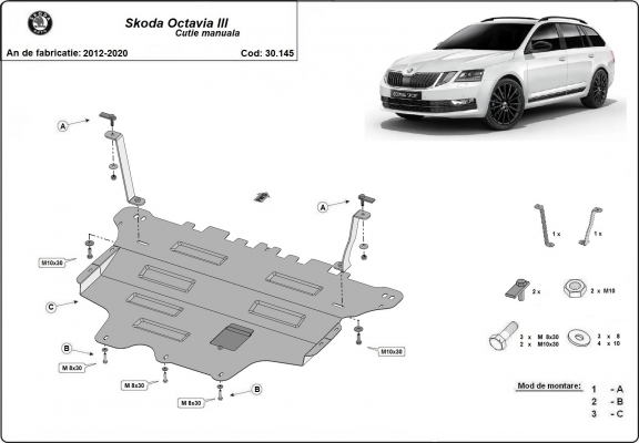 Steel sump guard for the protection of the engine and the gearbox for Skoda Octavia 3 - manual gearbox