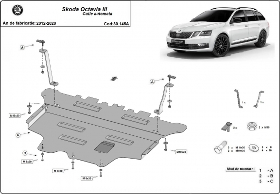 Steel sump guard for the protection of the engine and the gearbox for Skoda Octavia 3 - automatic gearbox