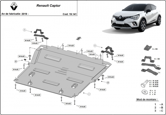 Steel sump guard for Renault Captur