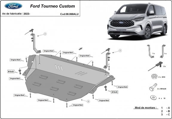 Aluminum sump guard for the protection of the engine and the gearbox for Ford Tourneo Custom