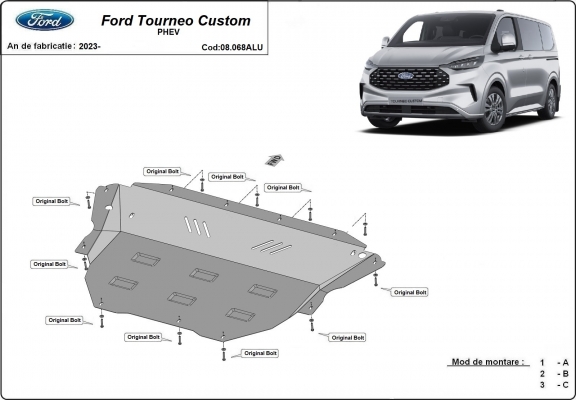 Aluminum sump guard for the protection of the engine and the gearbox for Ford Tourneo Custom PHEV