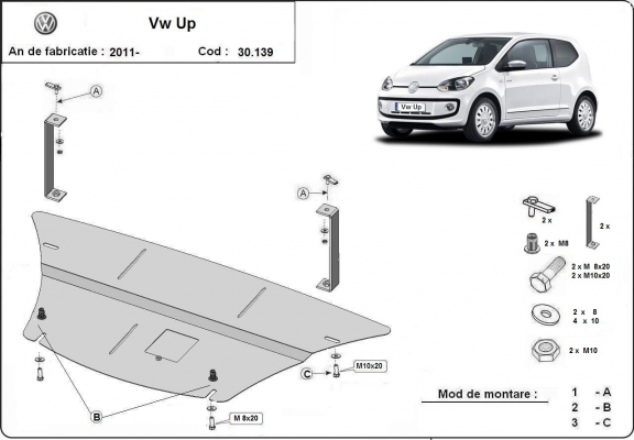 Steel sump guard for the protection of the engine and the gearbox for VW Up