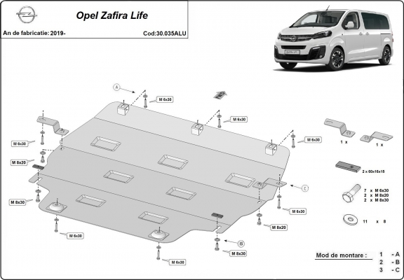 Aluminium  sump guard for Vauxhall Zafira Life