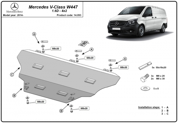Steel sump guard for Mercedes V-Classe W447, 4x2, 1.6 D