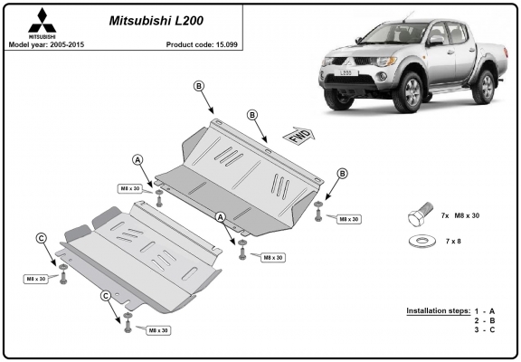 Steel sump guard for the protection of the engine and the radiator for Mitsubishi L 200